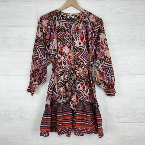 Zara Long Sleeve Mini Dress L Red Pink Geometric Tribal Print Button Front Boho - Picture 15 of 16